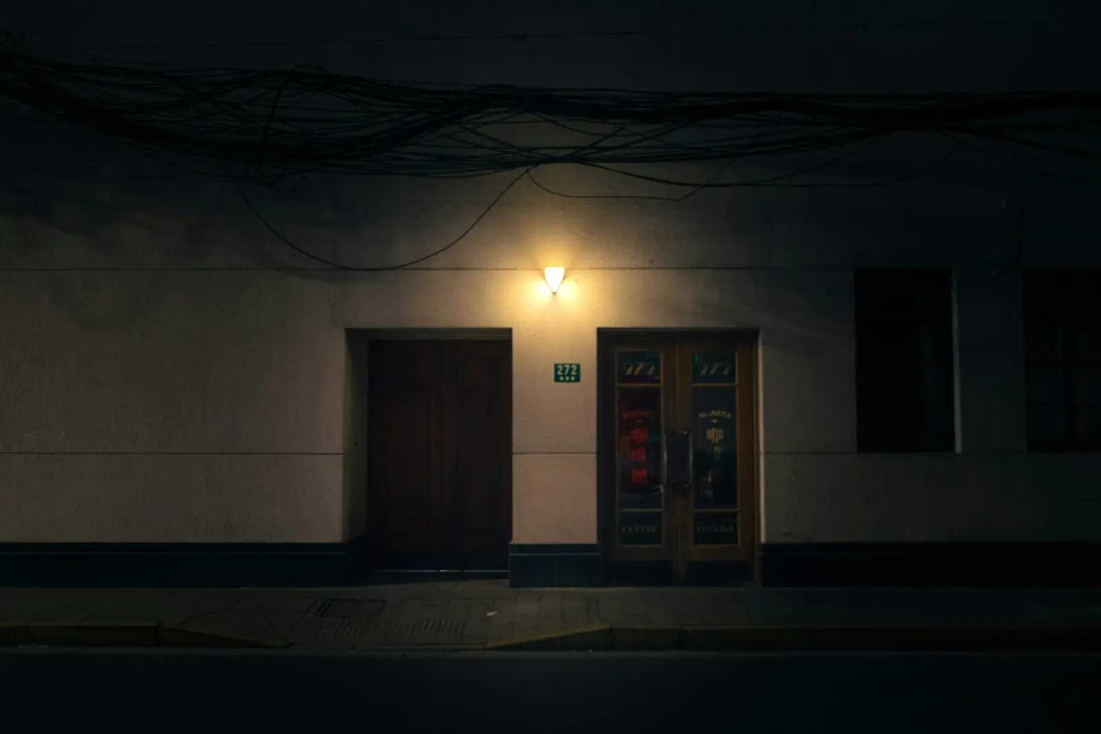 Gebouwingang bij nacht met twee deuren, verlicht door één lamp boven de deur
