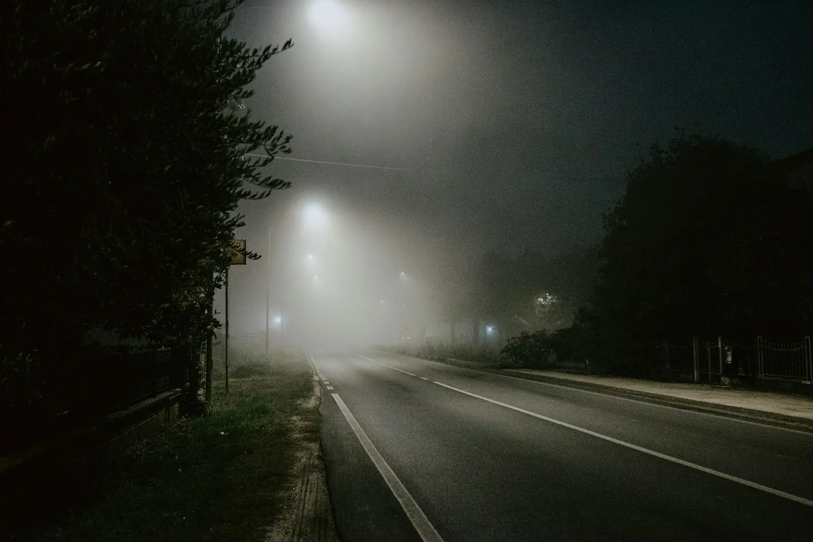 Lege weg in de mist bij nacht, verlicht door een rij straatlantaarns langs de bomen